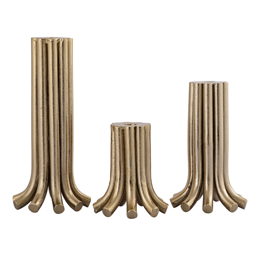 Atlas Contour Set of 3 Aged Brass Metal Candleholders - 12.25 inch Tall