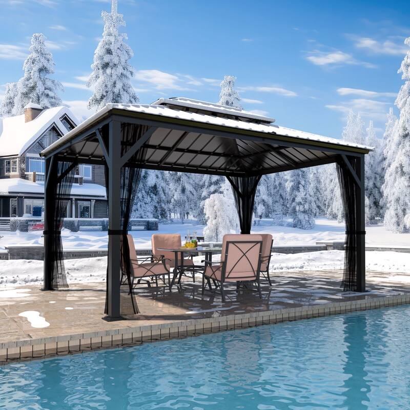 VEIKOUS Aluminum Double Hardtop Gazebo Pergola for Patio, Lawn, and Garden with Removable Curtains and Netting