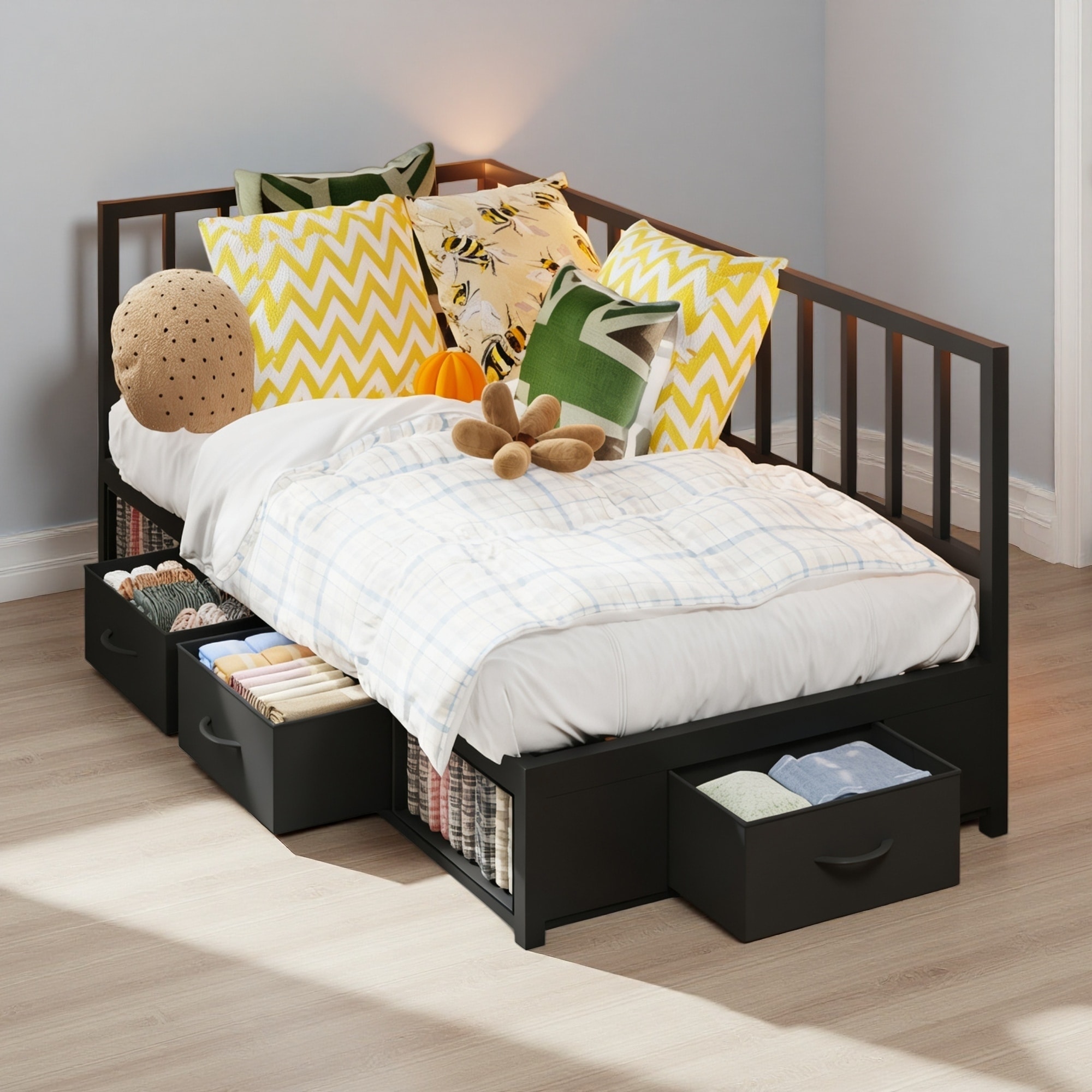 Twin Size Corner Metal Platform Daybed with Storage Drawers and LED Light, Multifunctional Bed with 3 Drawers & 2 Open Cubbies