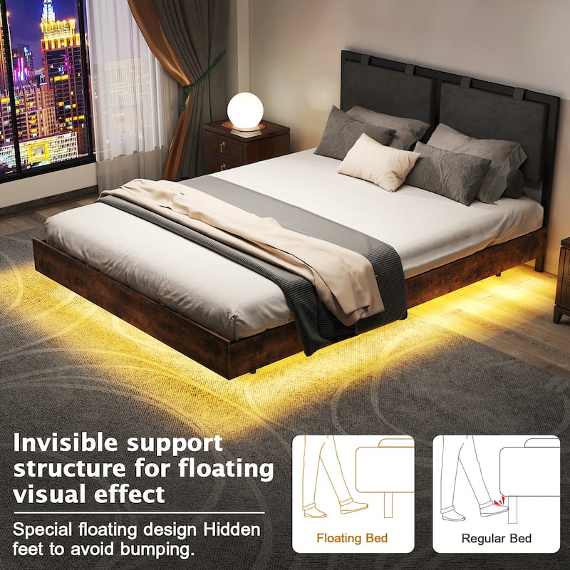 Floating Bed Frame with LED Lights, Hanging Upholstered Headboard No Box Spring Needed,Full Size