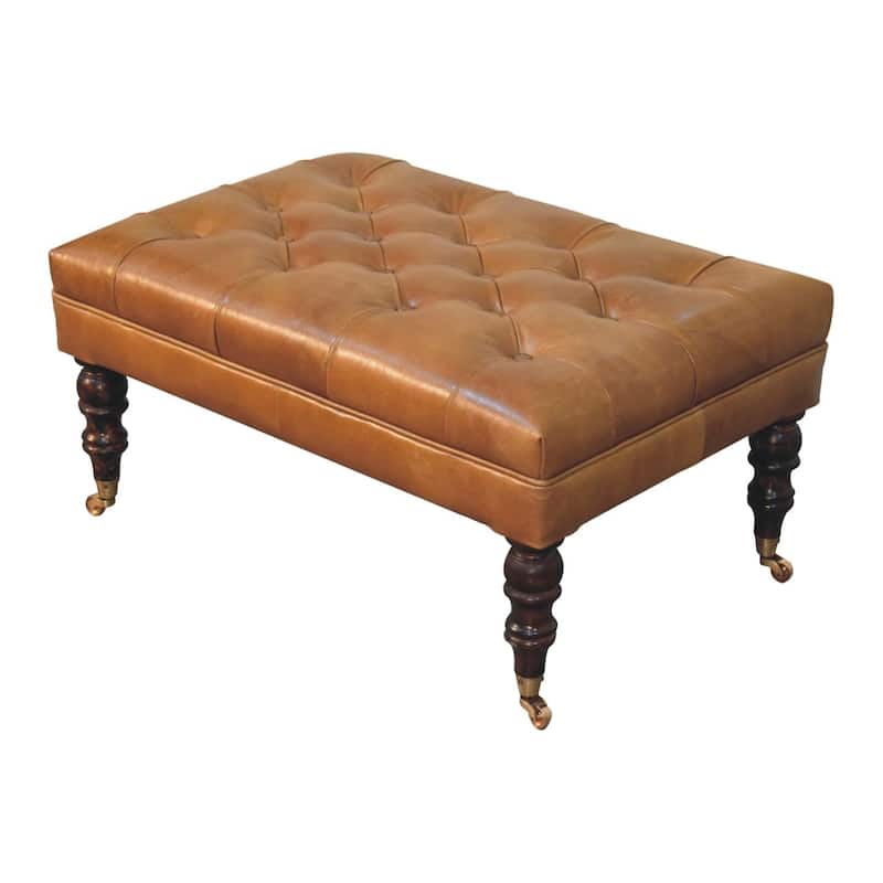 Artisan Furniture Solid Wood , Leather upholstered, California Walnut Buffalo Green Leather Ottoman with Castor Legs , Brown