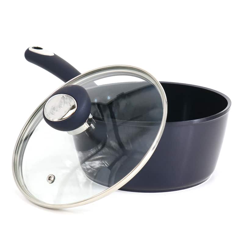1.9 Quart Ceramic Nonstick Aluminum Saucepan with Lid in Dark Blue