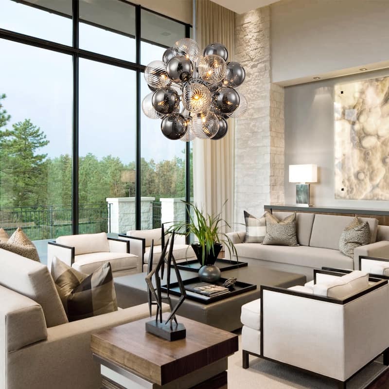 12-Light Modern Globe Glass Kitchen Island Pendant Sputnik Chandelier with Black Smoke Glass Globe - W24"