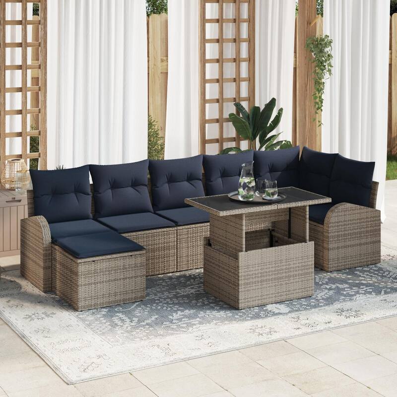 vidaXL 8 Garden Sofa Set with Cushions Black/Brown/Grey Poly Rattan - 113.8 x 48.8 x 27.2 - Grey