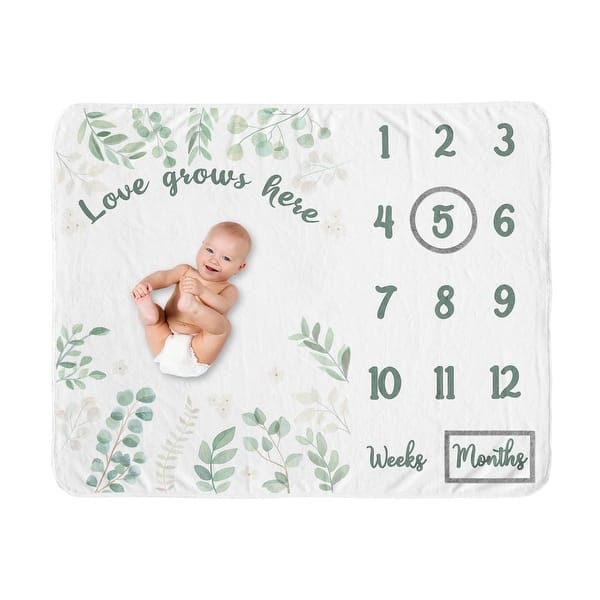 slide 2 of 6, Floral Leaf Collection Boy Girl Baby Monthly Milestone Blanket - Green White Boho Watercolor Botanical Woodland Tropical Garden