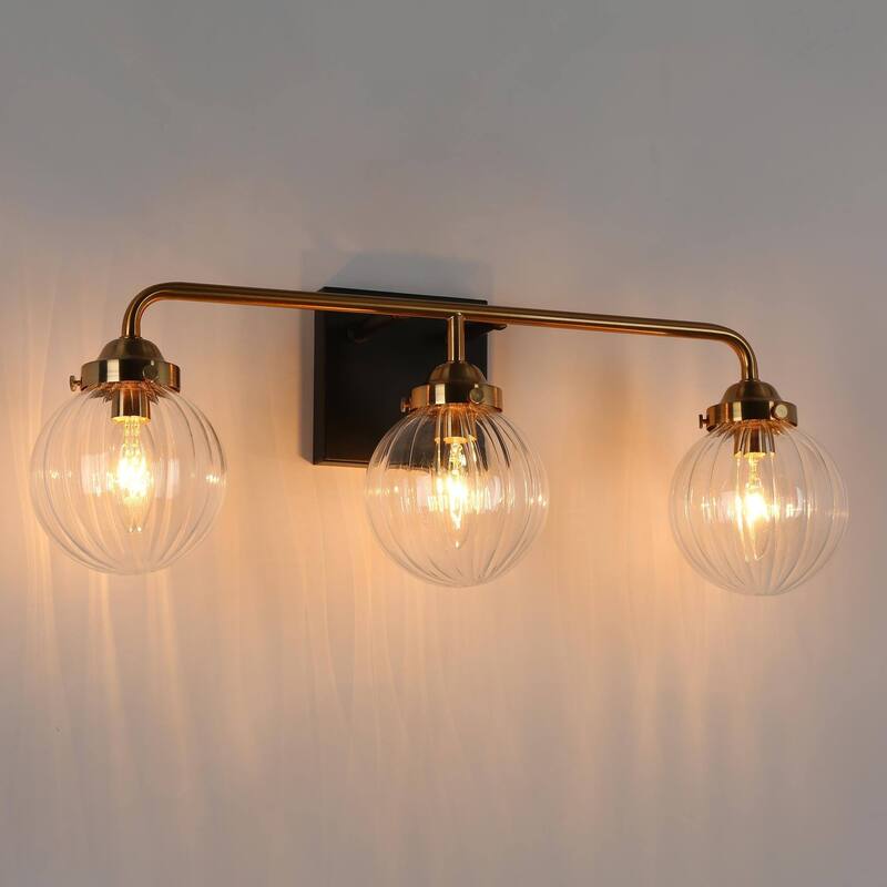 Modern Black Gold 3-Light Bathroom Vanity Light Wall Sconces with Ribbed Glass - L 21.5" x W 6.5" x H 8"