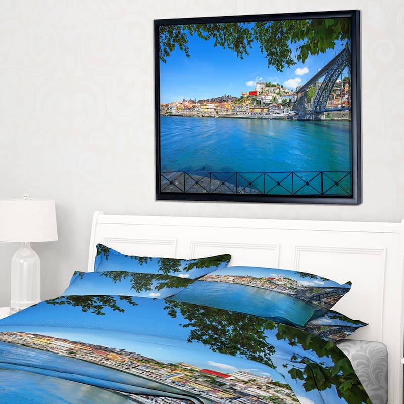 Designart "Douro River and Iron Bridge Portugal" Extra Large Landscape Framed Canvas Art