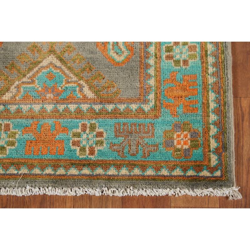 Gray Geometric Kazak Accent Rug Hand-Knotted Geometric Wool Carpet - 2'1"x 2'10"