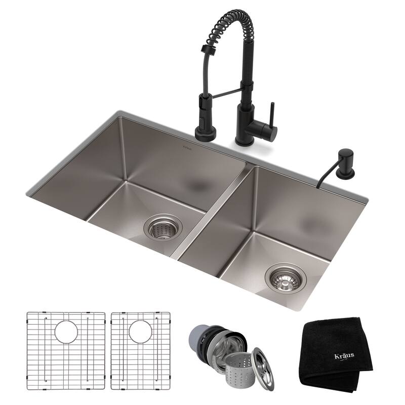 Kraus Standart PRO 33" Undermount Double Basin Stainless Steel Kitchen - Matte Black