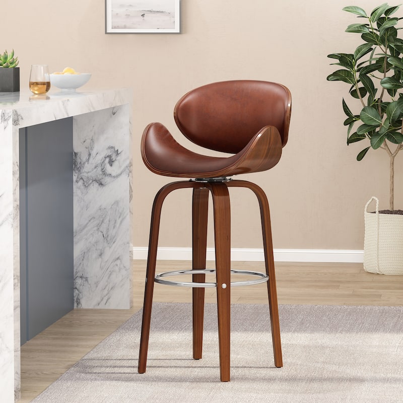 Wood Bar Stool with Swivel Function and Leather Seat, Ergonomic Dining Chair Counter Height Stool with Footrest - Brown