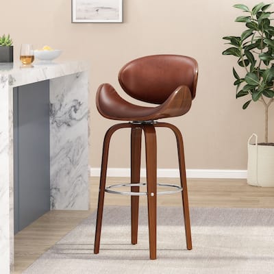 Wood Bar Stool with Swivel Function and Leather Seat, Ergonomic Dining Chair Counter Height Stool with Footrest