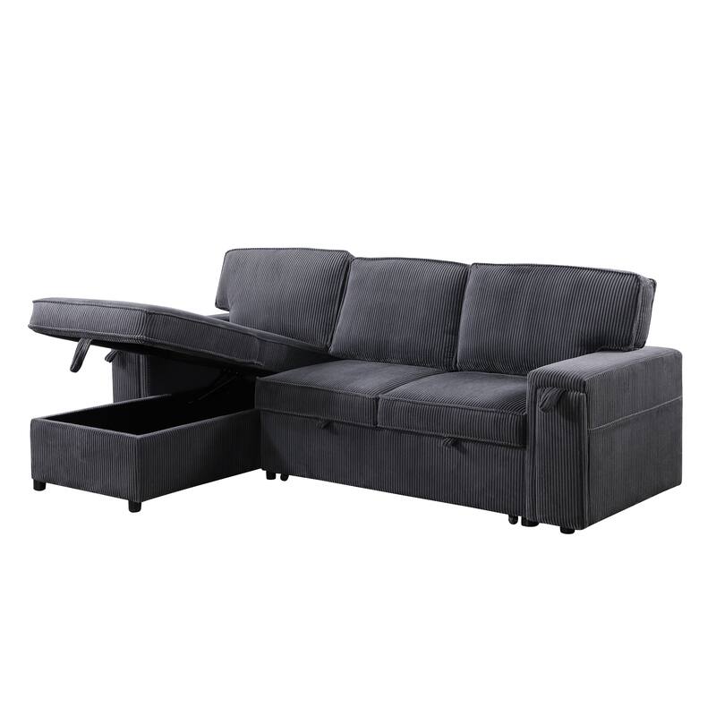 Pull Out Sleeper Sectional Sofa Bed Corduroy L-shaped Couch with Reversible Storage Chaise, Side Pockets and Hidden Cup Holders