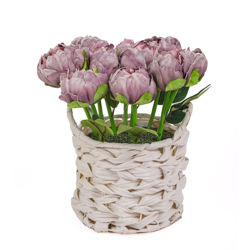 National Tree Company 10 in. Light Purple Peony Flower Bouquet in White Basket - 10 in