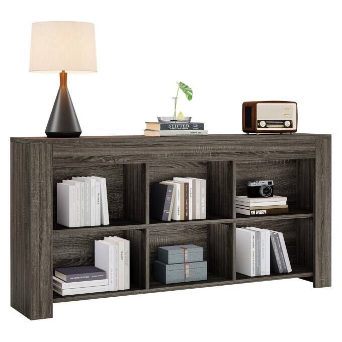 Horizontal Bookcase with 6 Cubes , Rustic Wood Bookshelf