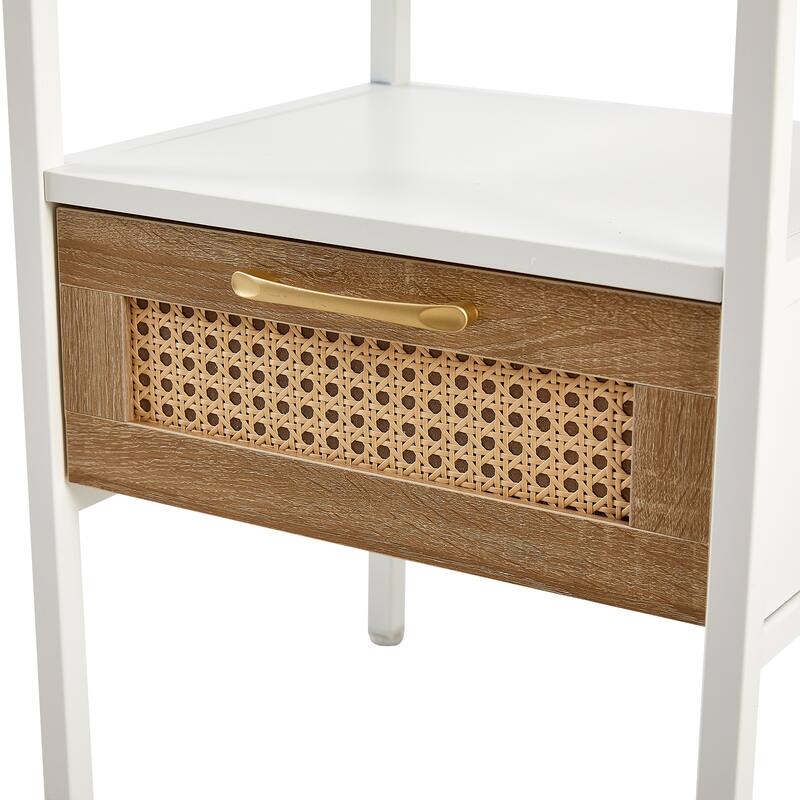 Rattan Side Table with Drawer, 15.75" Modern Nightstand, Metal Legs, Natural Wood Accent for Living Room & Bedroom