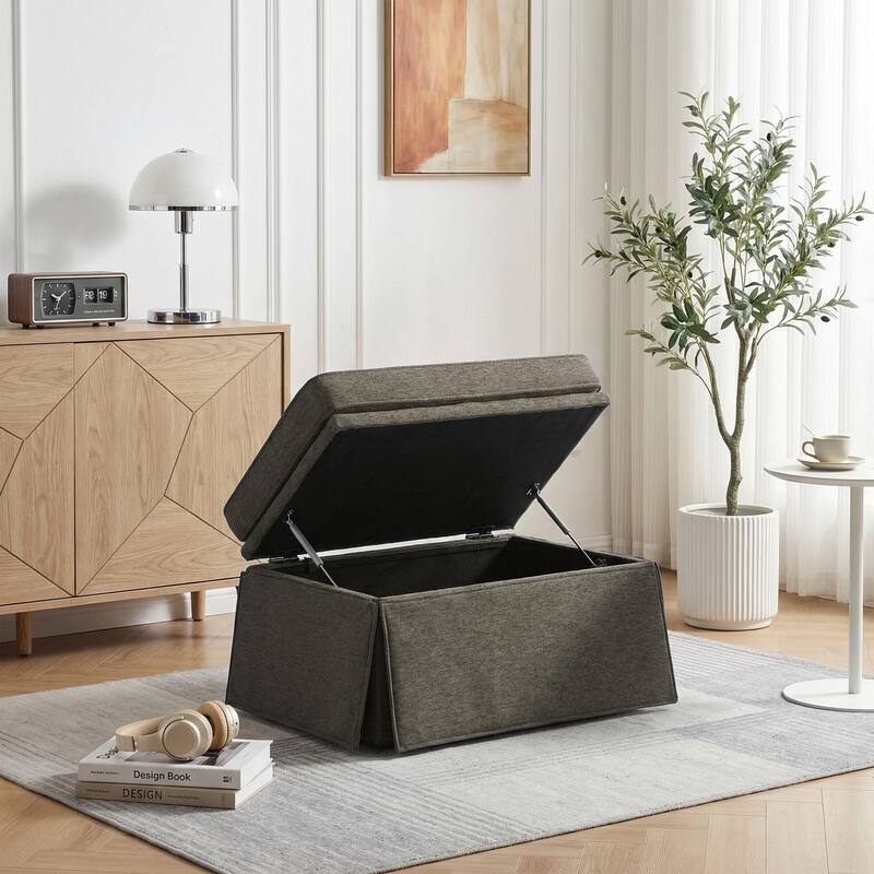 Rectangle Chenille Upholstered Storage Ottoman - Tan