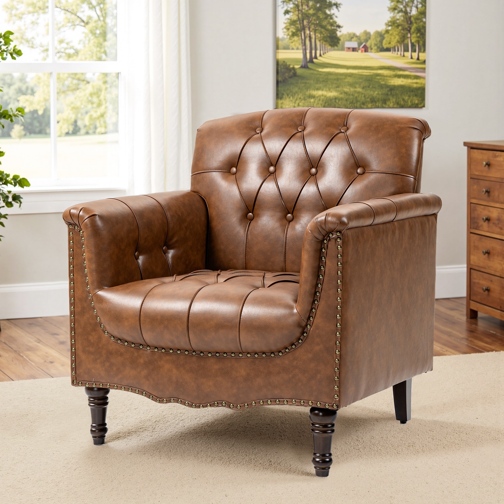 Tufted Vegan Leather Accent Chair Upholstered Armchair
