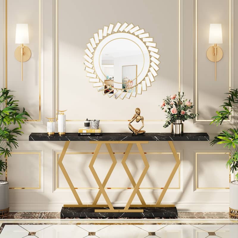 70.9 Inch Extra Long Sofa Table White and Gold Faux Marble Tabletop