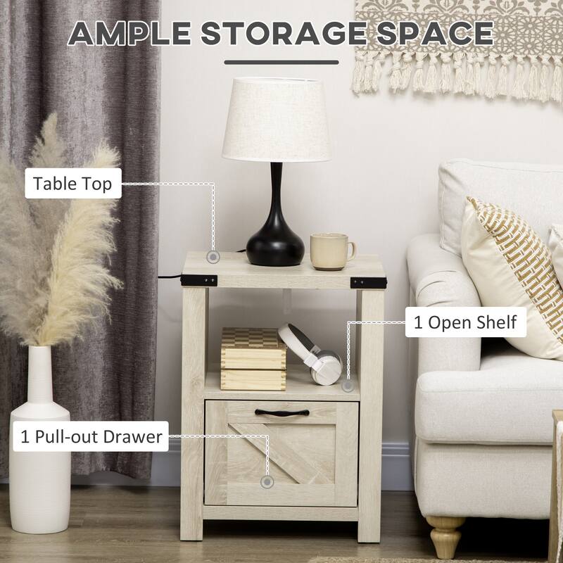 Oak MDF Side End Table with Drawer and Open Shelf for Living Room or Bedroom - 17.75" W x 15.25" D x 23.75" H