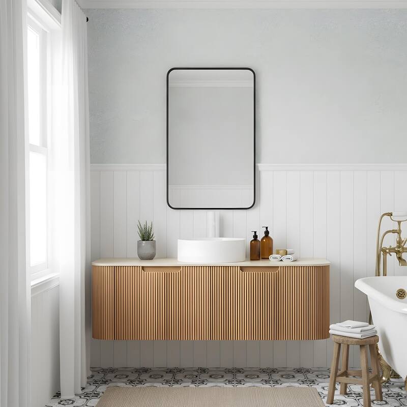 Wall Mounted Bathroom with White Round Ceramic Basin and Drawer - Light Natural Wood - 48