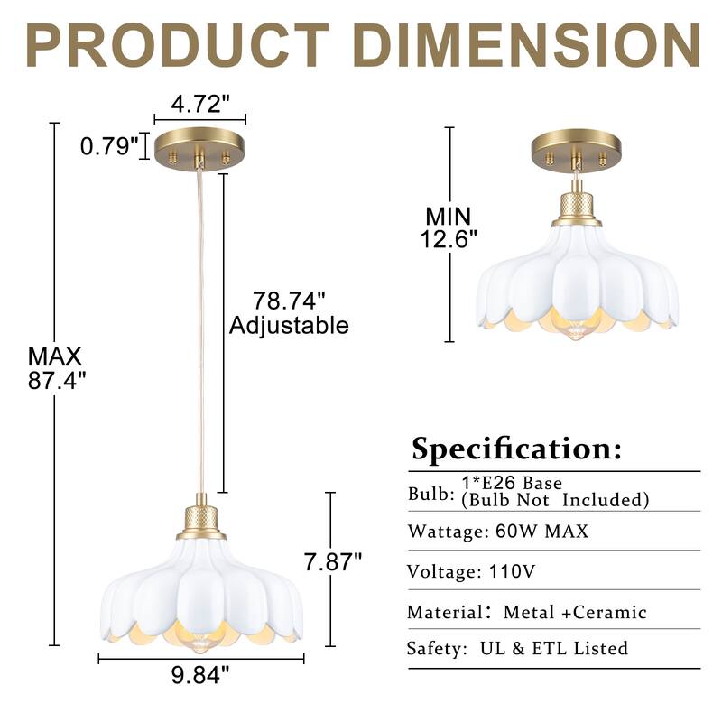 Modern Brushed Gold Pendant Light with Ceramic Flower Shade Fixture - Dia.10-in