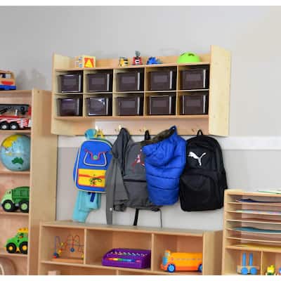 Contender 10 Section Wall Cubby Shelve with Brown Bins, Toddler Storage organizer for House and Playrooms
