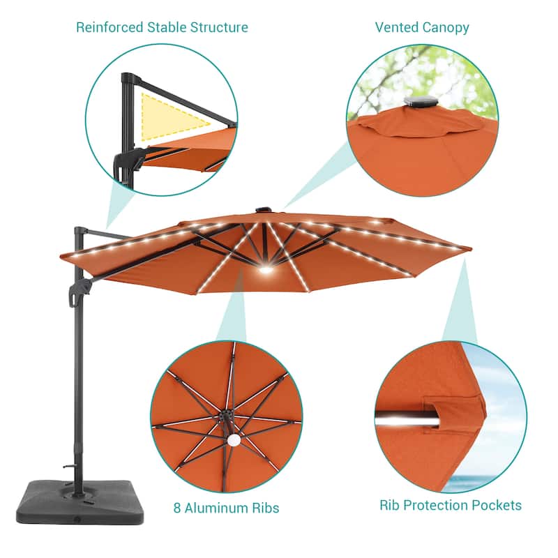 BONOSUKI 11FT LED Cantilever Patio Umbrella Angle Adjustment With Base