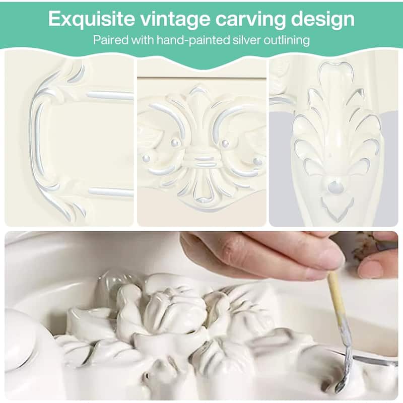 White Nightstand with 2 Drawers, Classic Carved Bedside Tables, Side Table