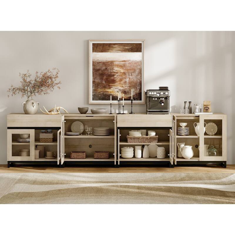 4 in 1 Multifunctional Dresser with Glass Doors & 2 Drawers, Adjustable Shelf & Metal Base Storage Cabinet