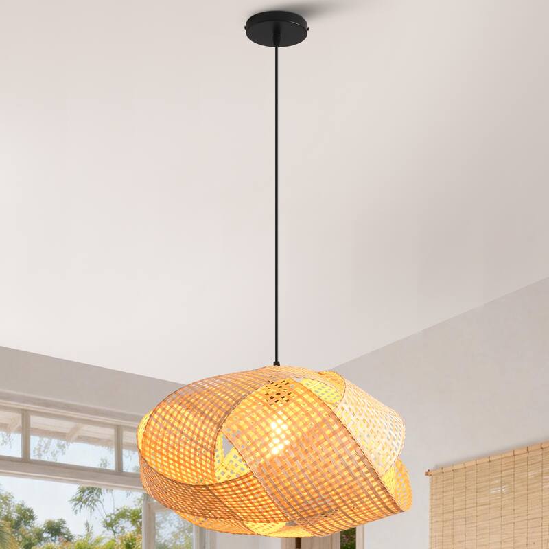 1-Light Personalized Design Rustic Bamboo Hand-Woven Pendant Lamp - 20" W x 59" H