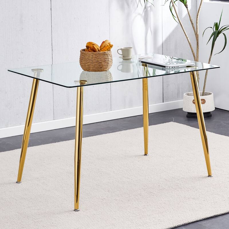 Modern Minimalist Rectangular Glass Dining Table Tempered Glass Tabletop and Golden plating Metal Legs,Writing Table Desk - Golden,Transparent