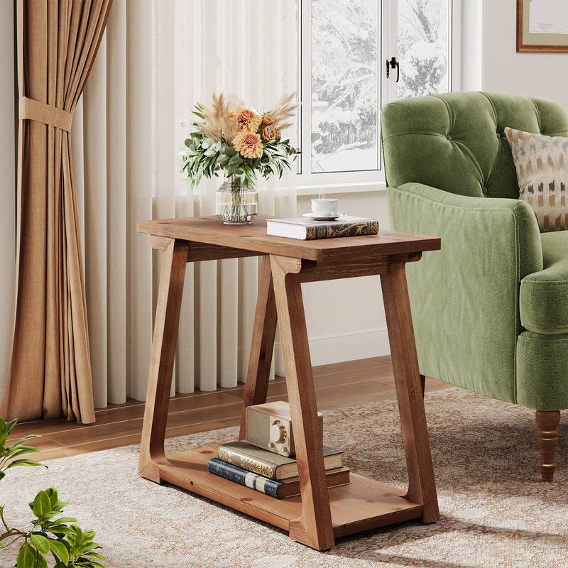 Solid Wood End Table, Narrow Side Table with 2-Tier Storages