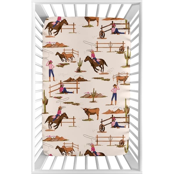 slide 2 of 6, Sweet Jojo Designs Western Cowgirl Girl Fitted Mini Portable Crib Sheet Wild West Vintage Country Animal Southwest Pink Blue Tan