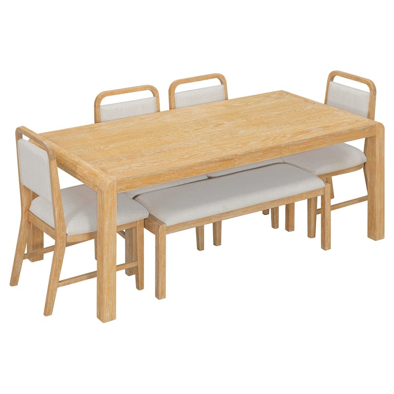 6-Piece Set, 59.8" Extendable Wooden Dining Table with 4 Chairs and 1 Bench