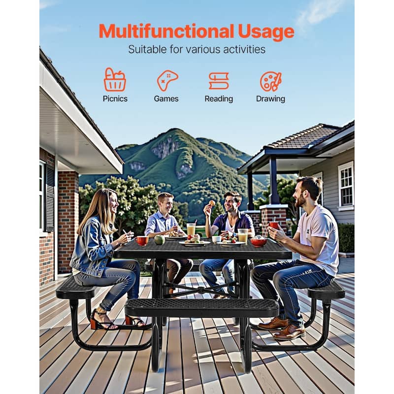75.8" Black Picnic Square Dining Table with Built-in Umbrella Hole and Metal Frame for 6-8 People - 75.8 x 75.8 x 29.33 in