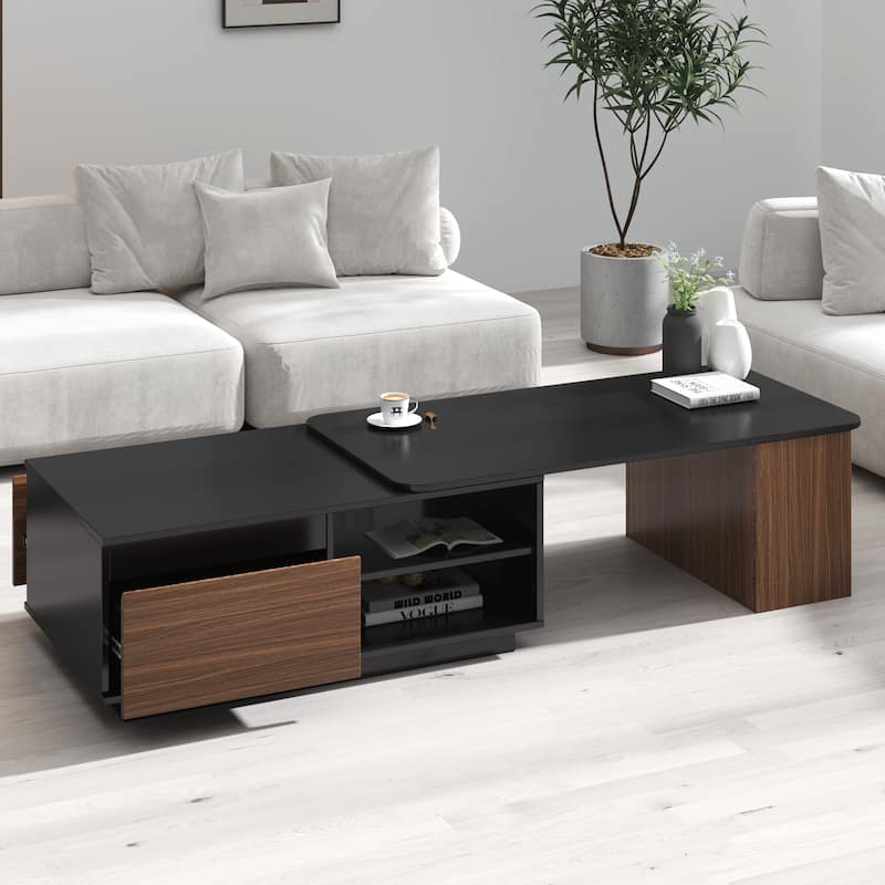 Roomfitters Extendable Coffee Table with 2 Storage Drawers, Length Adjustable Rectangular Center Table, Black & Walnut - Black,Walnut Brown