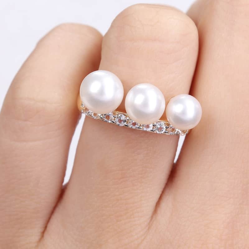 Miadora Cultured Freshwater Pearl & 3/8ct TGW White Topaz Ring Yellow Silver