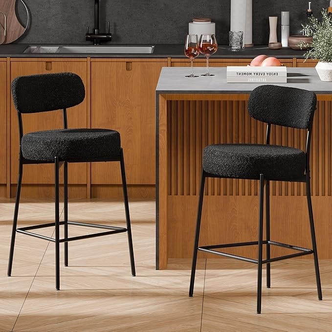 XINMICS 24 Inches Modern Counter Height Bar Stools with Curved Back Metal Legs, Upholstered Boucle Barstools, Set of 2/3/4 - Set of 2 - Black - Counter Height