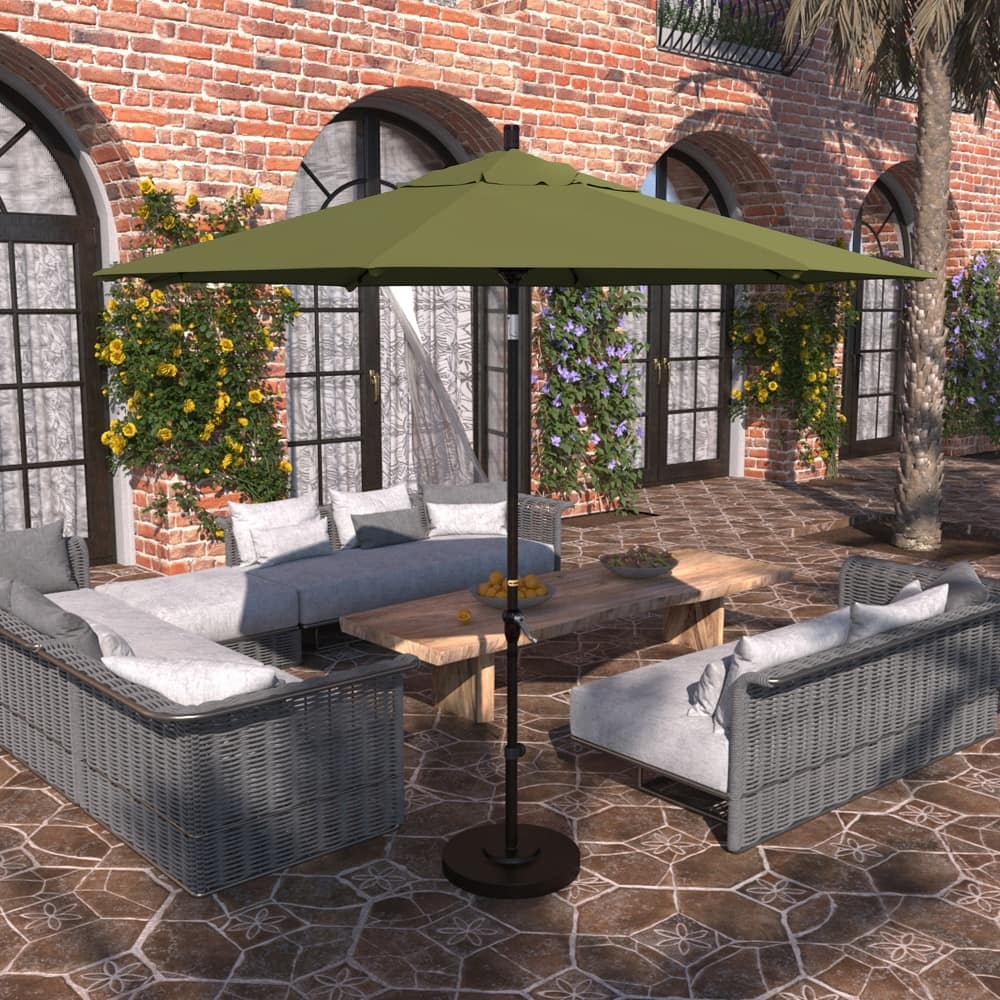 California Umbrella 9' Sunset Series Patio Umbrella Bronze Aluminum Frame and Ribs, Crank Lift Auto Tilt, Sunbrella Cilantro