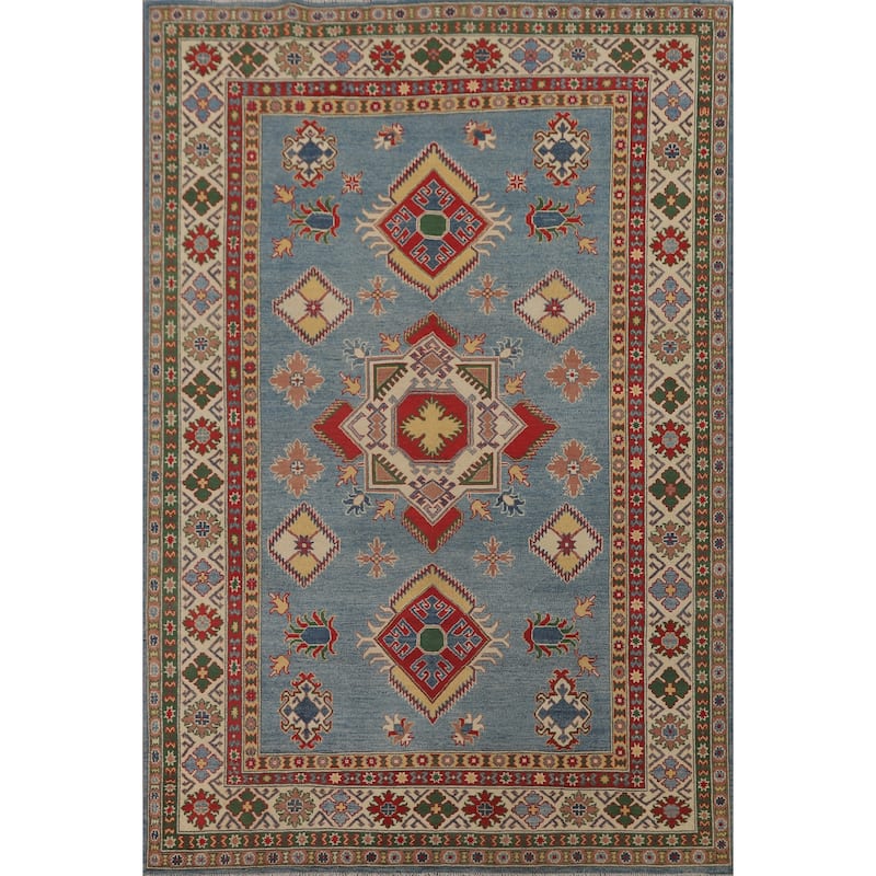 Blue Geometric Kazak Area Rug Hand-Knotted Traditional Wool Carpet - 6'8" x 9'9"