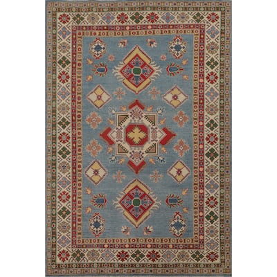 Blue Geometric Kazak Area Rug Hand-Knotted Traditional Wool Carpet - 6'8" x 9'9"