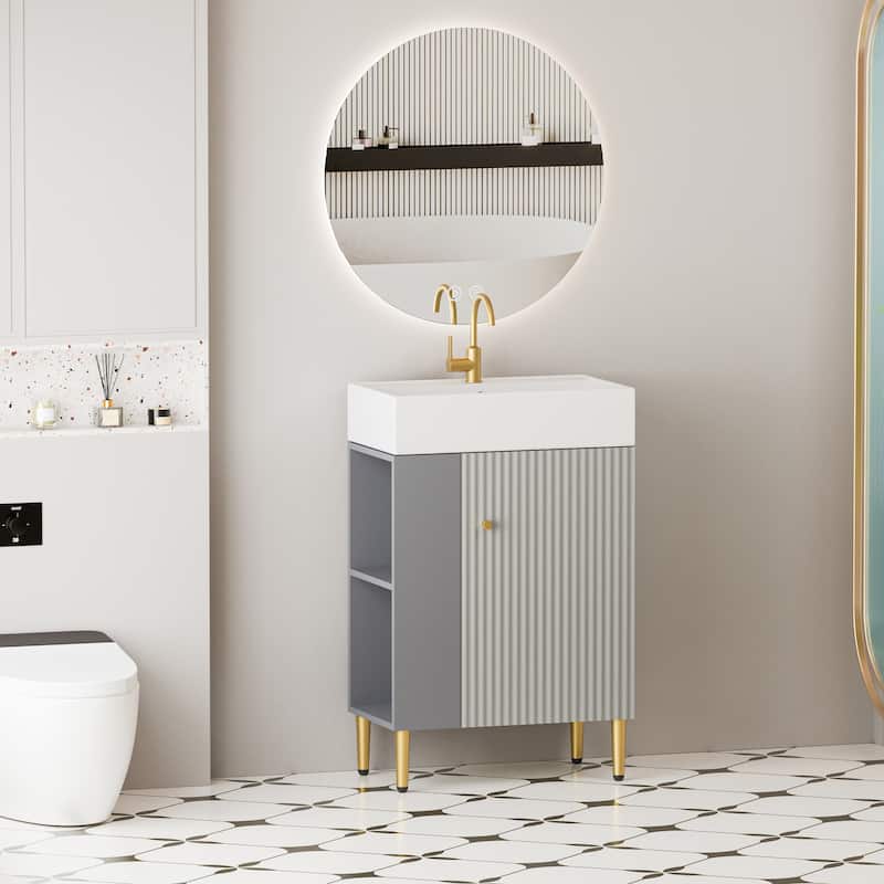 Open-shelving Bathroom Vanity with Ceramic Sink and Soft-Closing Door, Cloakroom Open Shelf Storage Cabinet on the Left Side
