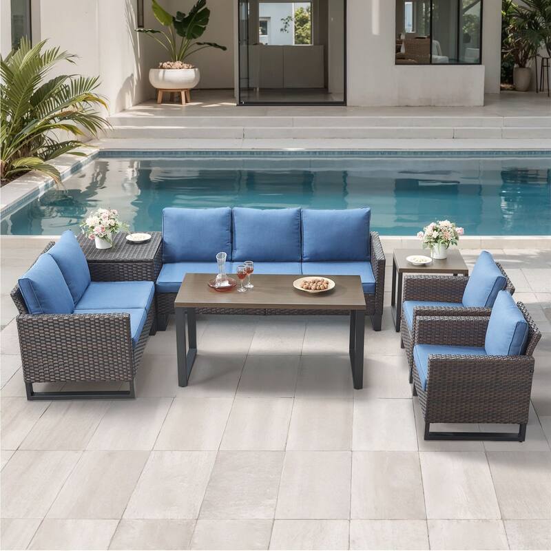 Gymojoy 7 Person All-Weather Wicker Outdoor Conversation Set Seating Group With lounge Chairs And Coffee Table - Brown Wicker / Blue Cusion - 7-Piece