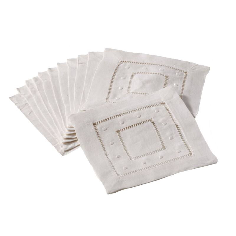 Embroidered Dot and Hemstitched Cocktail Napkin (Set of 12)