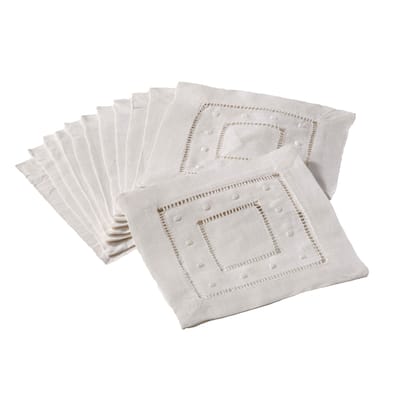 Embroidered Dot and Hemstitched Cocktail Napkin (Set of 12)