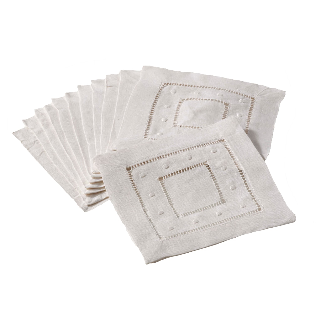 Embroidered Dot and Hemstitched Cocktail Napkin (Set of 12)