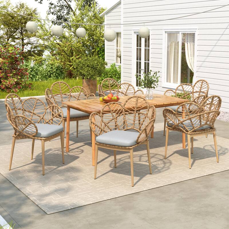 Christopher Knight Home- Hawthorne Acacia Wood Outdoor 7-Piece Dining Set - Teak Finish+Beige Cushion+Light Brown Wicker