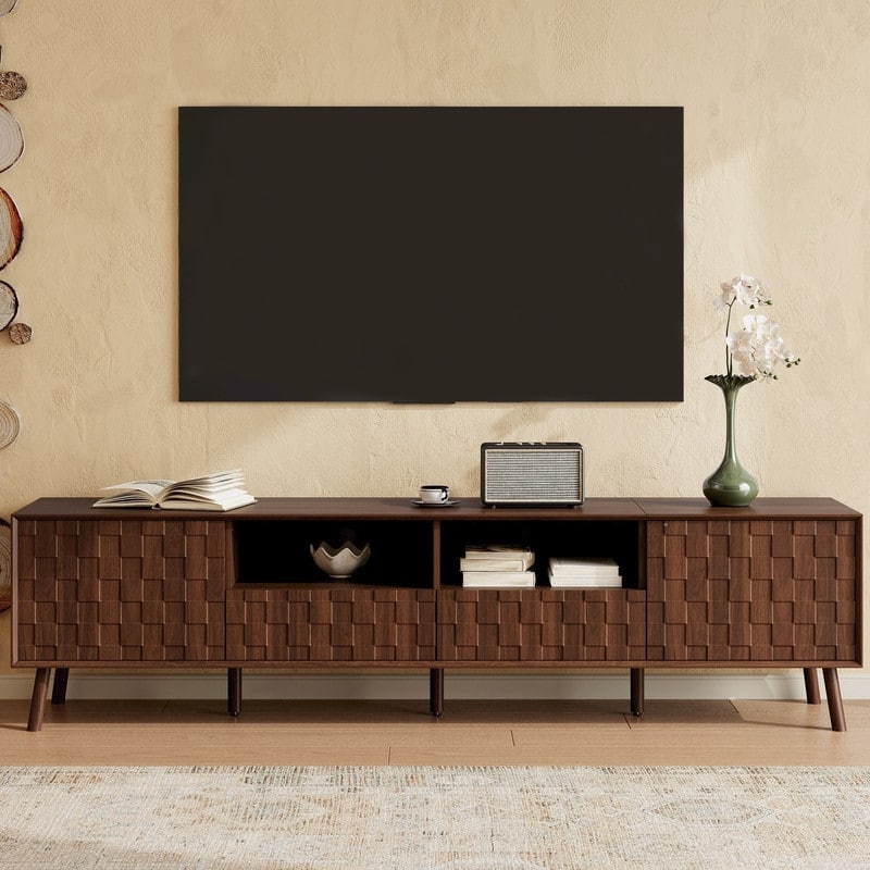 Modern 70" TV Stand for TVs up to 80", Entertainment Center Media Console Table with Solid Wood Legs and Open Storage