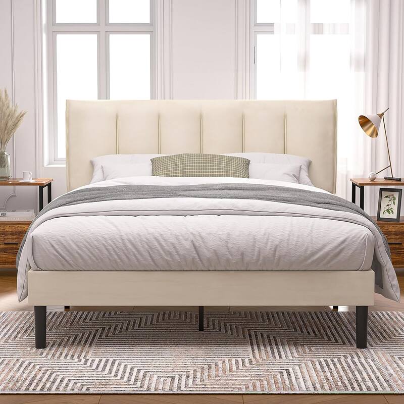 Upholstered Velvet Upholstered Bed Frame with Adjustable Height Headboard No Box Spring Needed Platform Bed Under Bed Storage - Beige - Queen