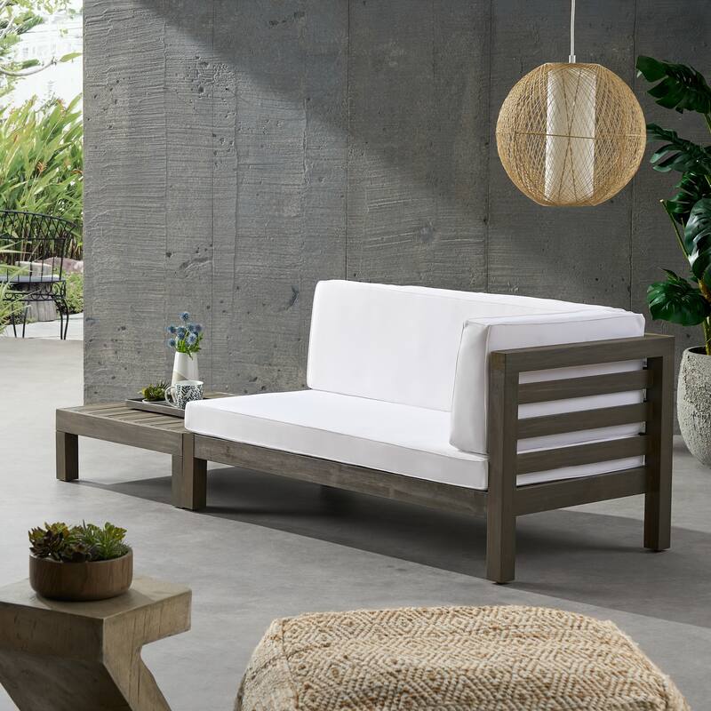 Oana Outdoor Acacia Wood Right Arm Loveseat and Coffee Table Set with Cushion by Christopher Knight Home - Gray/ White